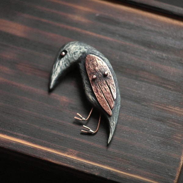Wooden brooch Raven, handmade, wood carving, bird brooch, boho fashion, wood and copper crow brooch, raven jewelry