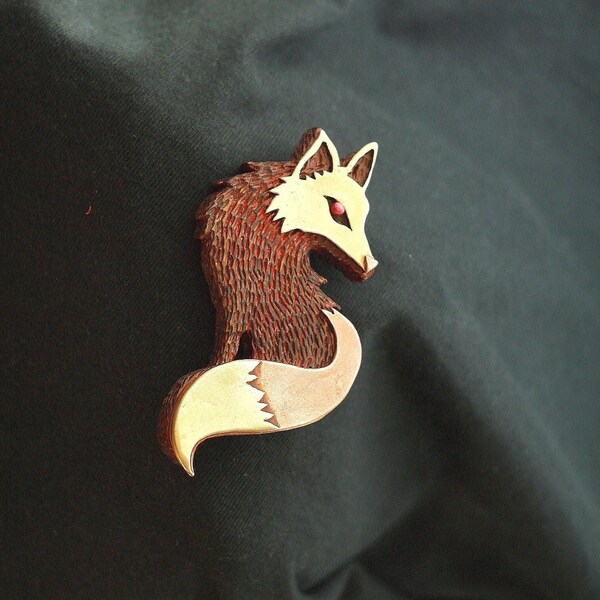 Red Fox, wooden copper brass handmade brooch, boho, animal brooch, forest fox jewelry, fantasy character