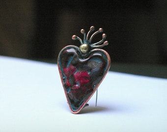 Handmade glass copper brooch Heart, boho hippie heart pin