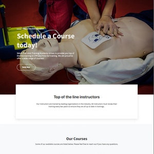 May include: Website promoting CPR and First Aid training. The image shows a training mannequin with hands performing chest compressions. Text on the site includes "Schedule a Course today!" and course descriptions like "Heartsaver CPR/AED/First Aid."