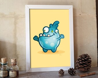 A4 poster little monster with a cold, funny digital illustration for decoration