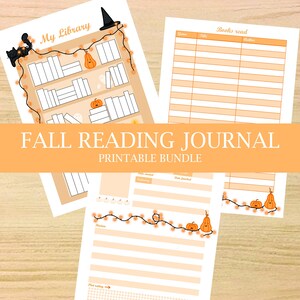 May include: Printable fall reading journal with a bookshelf, pumpkins, and string lights. The journal includes sections for books read, genre, title, author, date started, date finished, and a review section.