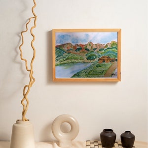 Printable Watercolor of a rural landscape with houses, Mountains and crops || Printable Watercolor of a rural landscape with house and garden