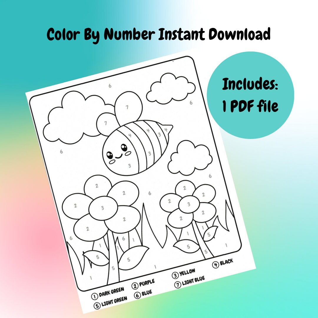 Busy Bee Spring Color By Number Children's Coloring Activity Coloring Book Printable Instant Download | Coloring Pages for Kids,