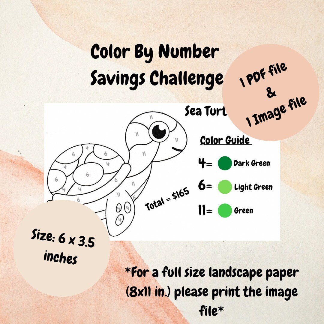 Sea Turtle Color by Number Savings Challenge Weekly, Biweekly
