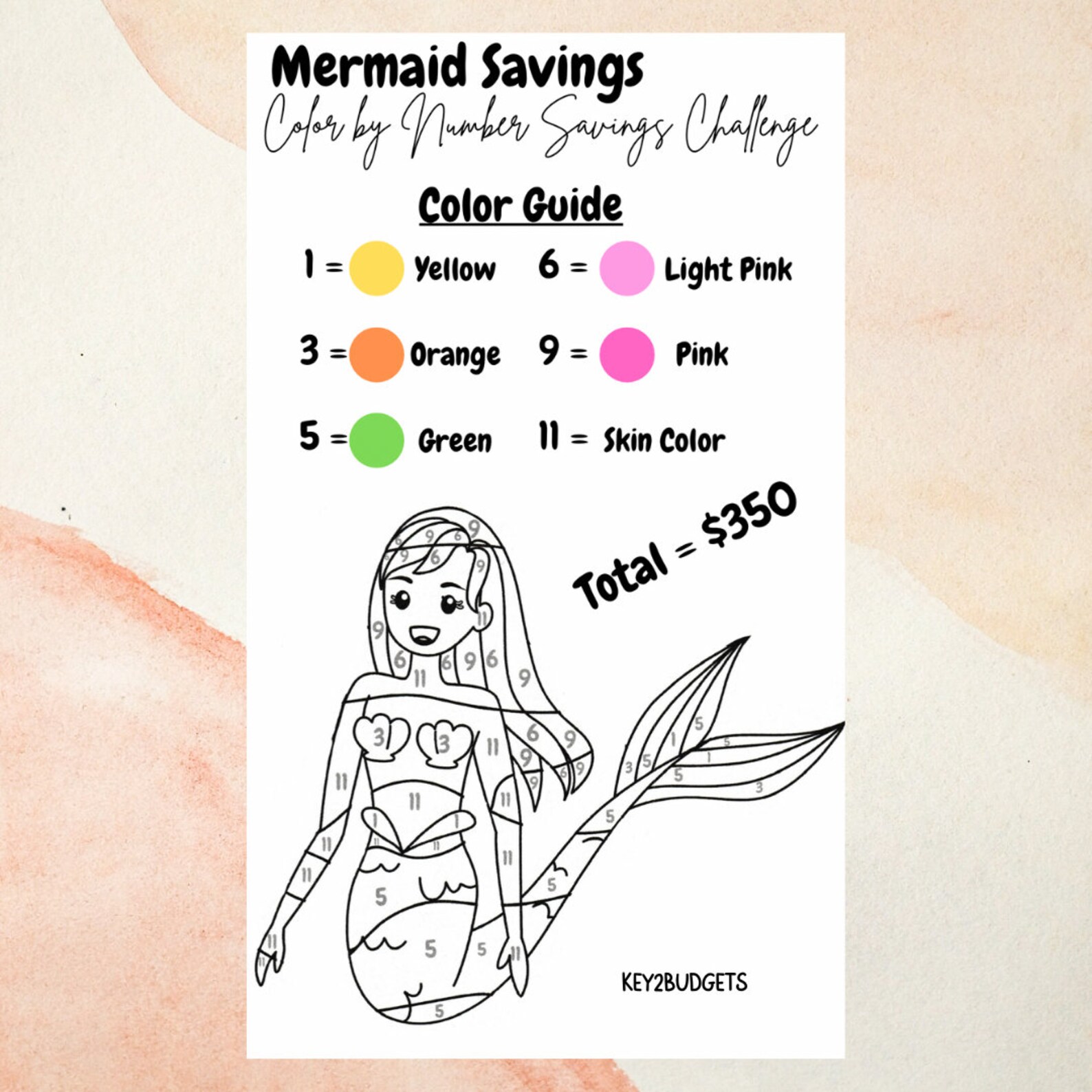 Mermaid Color by Number Savings Challenge Fun Quick and Easy Etsy
