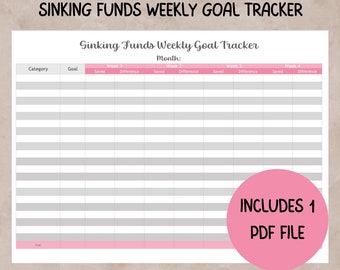 Könnte beinhalten: Ein druckbares "Sinking Funds Weekly Goal Tracker" im PDF-Format. Das Dokument hat ein Rasterlayout zur Verfolgung von Sparzielen, mit Spalten für Kategorien und wöchentliche Fortschritte. Rosa Akzente heben wichtige Bereiche hervor, mit dem Text "Includes 1 PDF File".