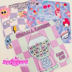May include: Three square savings tracker cards featuring colourful illustrations. One card shows a gumball machine with £1 and £2 coins, another displays 2000s-themed icons, and the third features a checkerboard pattern with a flower and lightning bolt.