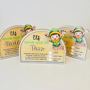 May include: Three semi-circular wooden reward charts featuring a cartoon elf illustration. Each chart displays the text 'Elf Reward Chart For' followed by a name, and includes three star icons next to the labels 'Perfect', 'Almost there!', and 'Need to try harder'.