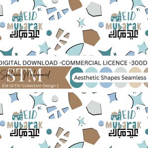 May include: A seamless pattern design featuring geometric shapes, stars, and the text "Eid Mubarak" in English and Arabic. The design includes shades of blue, brown, and gray on a white background. The text "Aesthetic Shapes Seamless Pattern" is also present.