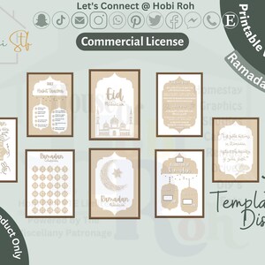May include: A collection of eight framed printable wall art pieces with a beige and brown color scheme. The art features Islamic themes, including Ramadan and Eid greetings, and is available in SVG, PNG, PDF, and JPEG formats. The text "Commercial License" is also visible.