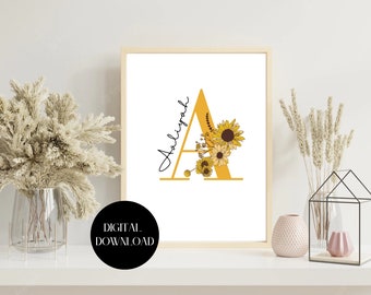 Floral baby name and letter - digital download, personalised initial for nursery, custom initial print, nursery decor, printable wall art