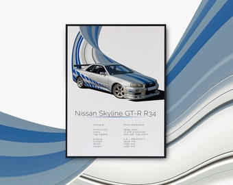 Ilustración del Nissan GT-R R34 | Impresión de póster | Varios tamaños y diseños | Impresión de alta calidad
