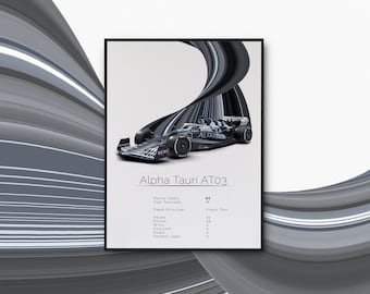 May include: A black and white Formula 1 race car with the text "AlphaTauri" on the side. The car is on a white background with a black frame. The text "Alpha Tauri AT03" is below the car. The text "Pierre Gasly", "Yuki Tsunoda", "Team Principal", "Franz Tost", "Races", "22", "Points", "35", "Wins", "0", "Podiums", "0", "Poles", "0", "Fastest Laps", "0" is below the car.