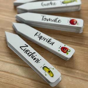 Könnte beinhalten: Weiße Pflanzenmarkierer mit schwarzer Beschriftung und bunten Comic-Illustrationen. Die Markierer sind mit "Chili", "Mais", "Tomate", "Paprika" und "Zucchini" beschriftet.