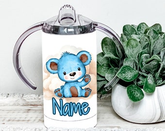 personalisierter Trinklernbecher mit Teddy in blau, Babybecher, Edestahltumbler, Geschenk zur Geburt