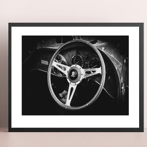a3 framed black and white print of a Ferrari steering wheel