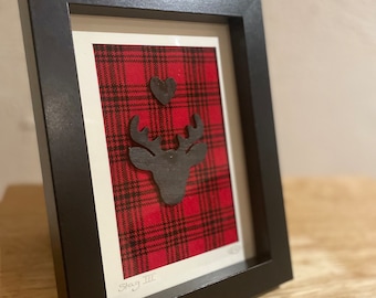 Stag and Heart Collage. Back painted wooden Stag and Heart on Red Tartan Fabric Background