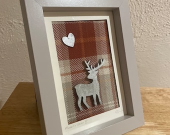 Moonlit Deer Collage. Silver painted wooden Deer and Heart shaped Moon on Burnt Orange and Cream   Tartan Fabric Background