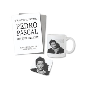 Pedro Pascal Gift Set - regalo para ella, regalo de cumpleaños, regalo de amigo, tarjeta, taza y posavasos regalo lindo, fan merch de celebridades