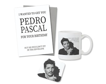 Pedro Pascal Gift Set -  gift for her, Birthday gift, Friend gift, Card, Mug and Coaster cute gift, celebrity fan merch