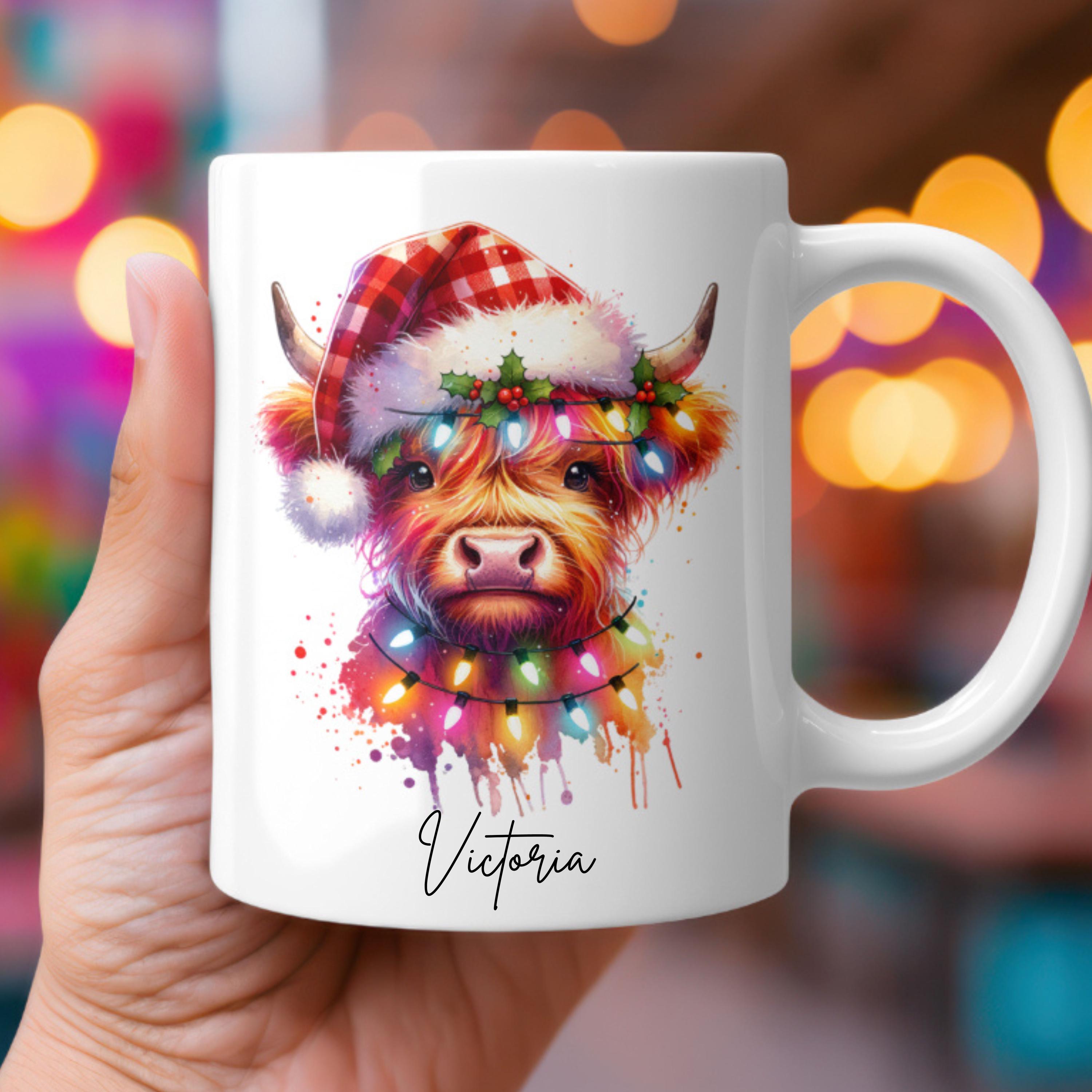Personalised - Cute Highland Cow Christmas Mug,  Fluffy Cute Highland Cow Girls Gift For Birthdays Christmas Office Coworker Present.