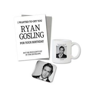 Ryan Gosling Gift Set - cadeau pour elle, cadeau d'anniversaire, cadeau d'ami, carte, tasse et sous-verre joli cadeau, merch de fans de célébrités