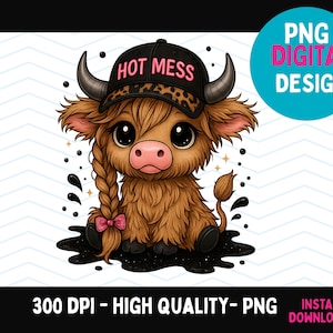 Hot Mess Cute Highland Cow Png Sublimation Design, Cute Snarky Bougie Western Cap Country Cow, Sarcasm Cute Cow for Shirt, Leopard Print Png