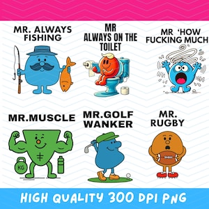 6 x grappige Mr Men-stijl mannelijke png-downloads, dagelijkse sport-clipartbundel, sublimatie- en UV-DTF-afdrukbestanden, digitale download