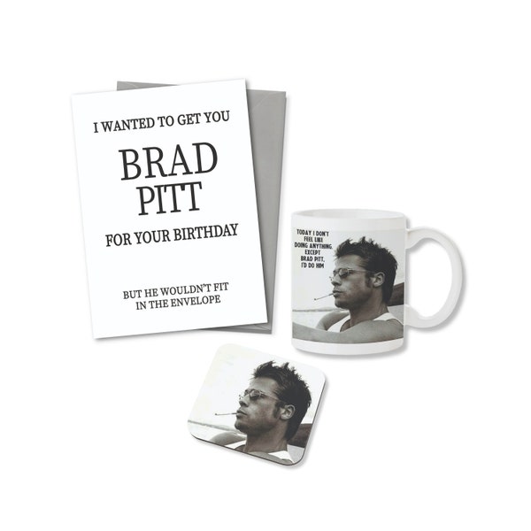 Ensemble cadeau Brad Pitt : joli cadeau carte, tasse et sous-verre, merchandising pour fans de célébrités