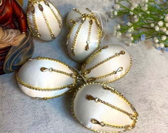 White Easter Egg Ornament, Rhinestone Faberge Style Decor