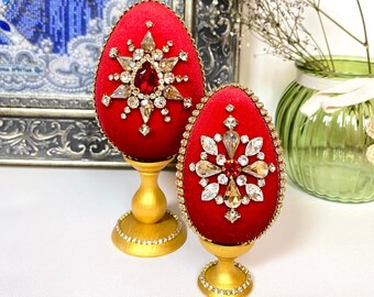 Huevo de Pascua de terciopelo rojo, decoración victoriana con diamantes de imitación, hecho a mano