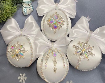 Rainbow white christmas ornament Xmas tree decor. Rhinestone jeweled ornaments.
