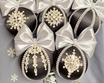 Adornos navideños con diamantes de imitación. Juego de adornos negros. Adornos glamorosos. Decoración para árboles de Navidad, bolas navideñas.