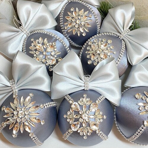 Christmas Rhinestones Ornaments Balls. Silver Ornament Set. - Etsy