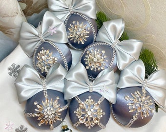 Christmas rhinestones ornaments balls. Silver ornament set. Handmade Christmas  baubles. Glam ornament.