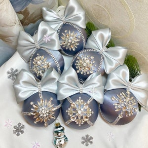 Christmas rhinestones ornaments balls. Silver ornament set. Handmade Christmas  baubles. Glam ornament.