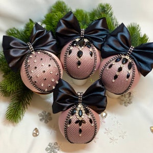 Dusty pink Christmas ornament baubles is Glam ornament. Black jeweled ornaments. holiday baubles set. Christmas tree balls.
