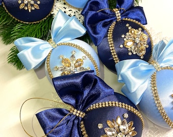 Navy Blue Christmas ornament, Rhinestone Christmas Balls. Xmas Tree decor set, glam ornament, jeweled ornaments.