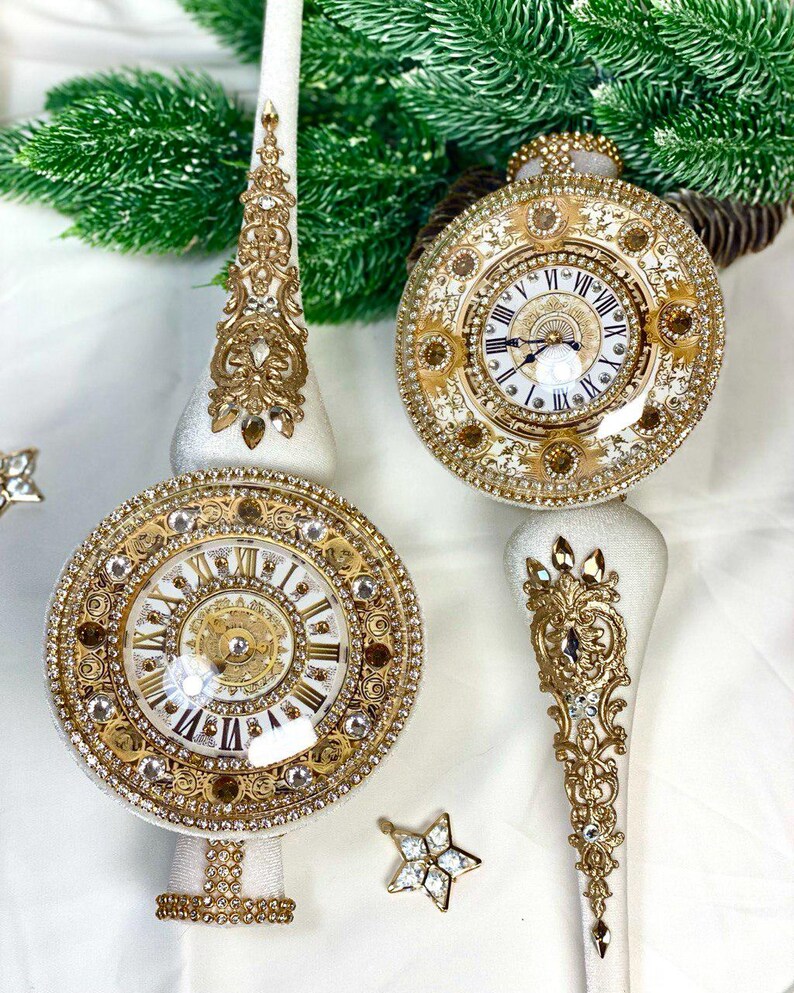 White Christmas Tree Topper Ornament Clock Face, Velvet Victorian ...