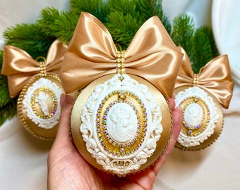 Sand gold christmas ornaments balls, victorian ornament with angel. Xmas tree decor, antique ornaments. holiday baubles gift.