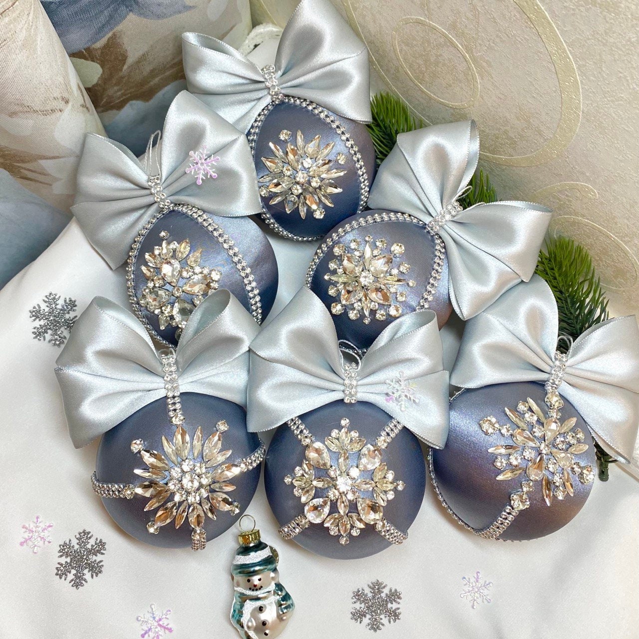 Christmas rhinestones ornaments balls. Silver ornament set. Handmade Christmas  baubles. Glam ornament.