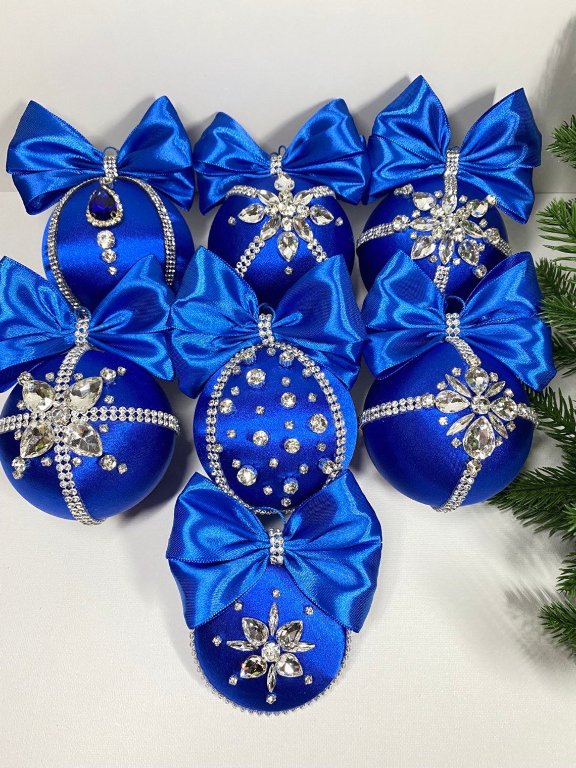 Royal Blue Christmas Ornament, Rhinestone Christmas Tree Balls. Jeweled Ornaments, Luxury 