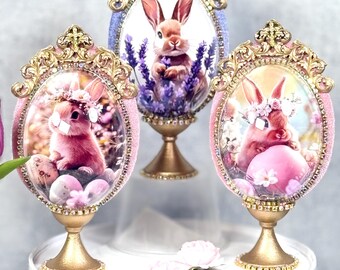 Victorian Easter Egg Decor, Handmade Rhinestone Bunny Centerpiece