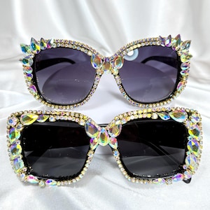 Glam sunglasses burning man, rave sunglasses woman. Festival glasses with iridescent rhinestone.