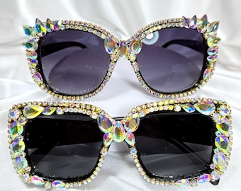 Glam sunglasses burning man, rave sunglasses woman. Festival glasses with iridescent rhinestone.