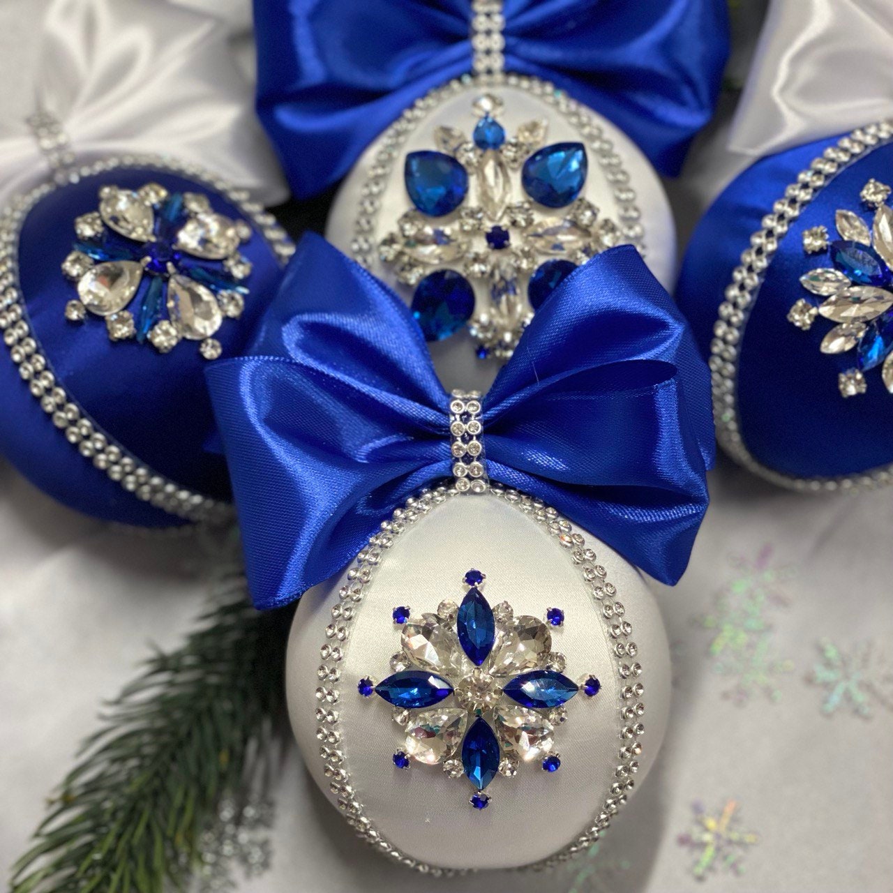 Rhinestone Ball Christmas Ornament, Glam Handmade Baubles, White Blue ...