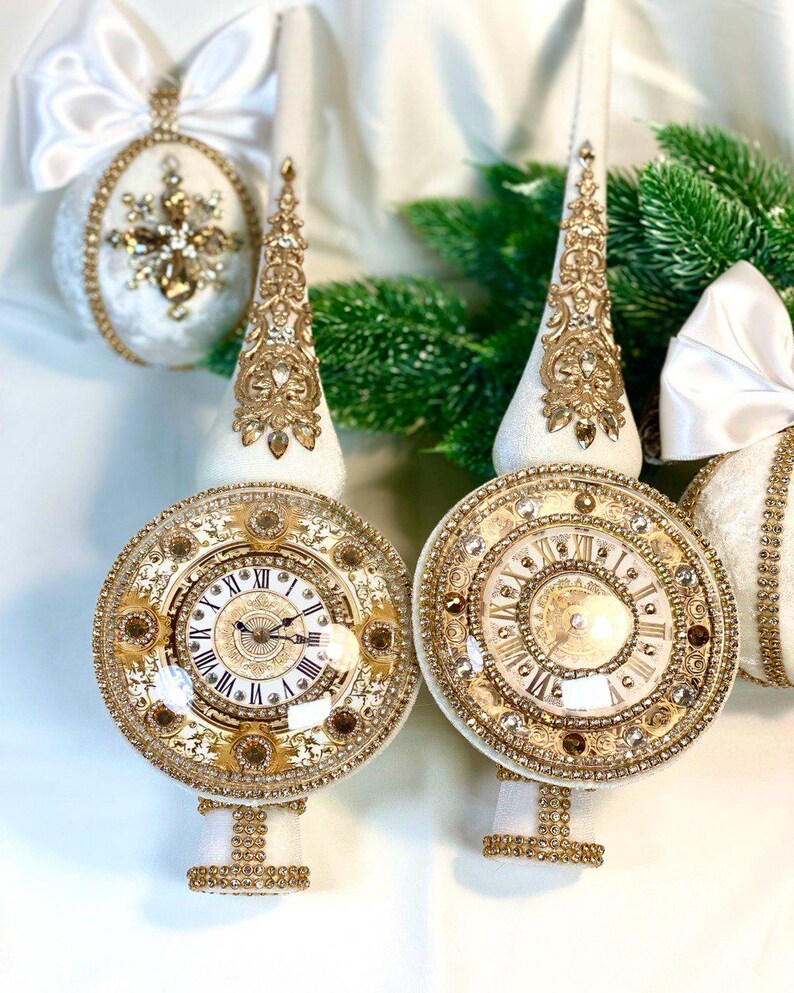 White Christmas Tree Topper Ornament Clock Face, Velvet Victorian ...