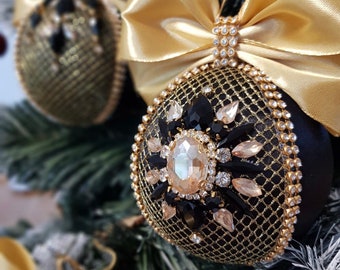 Gold black Christmas ornaments. jeweled rhinestone Christmas tree balls gift. Handmade baubles. Christmas clearance.