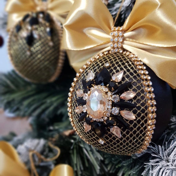 Gold Black Christmas Ornaments. Jeweled Rhinestone Christmas Tree